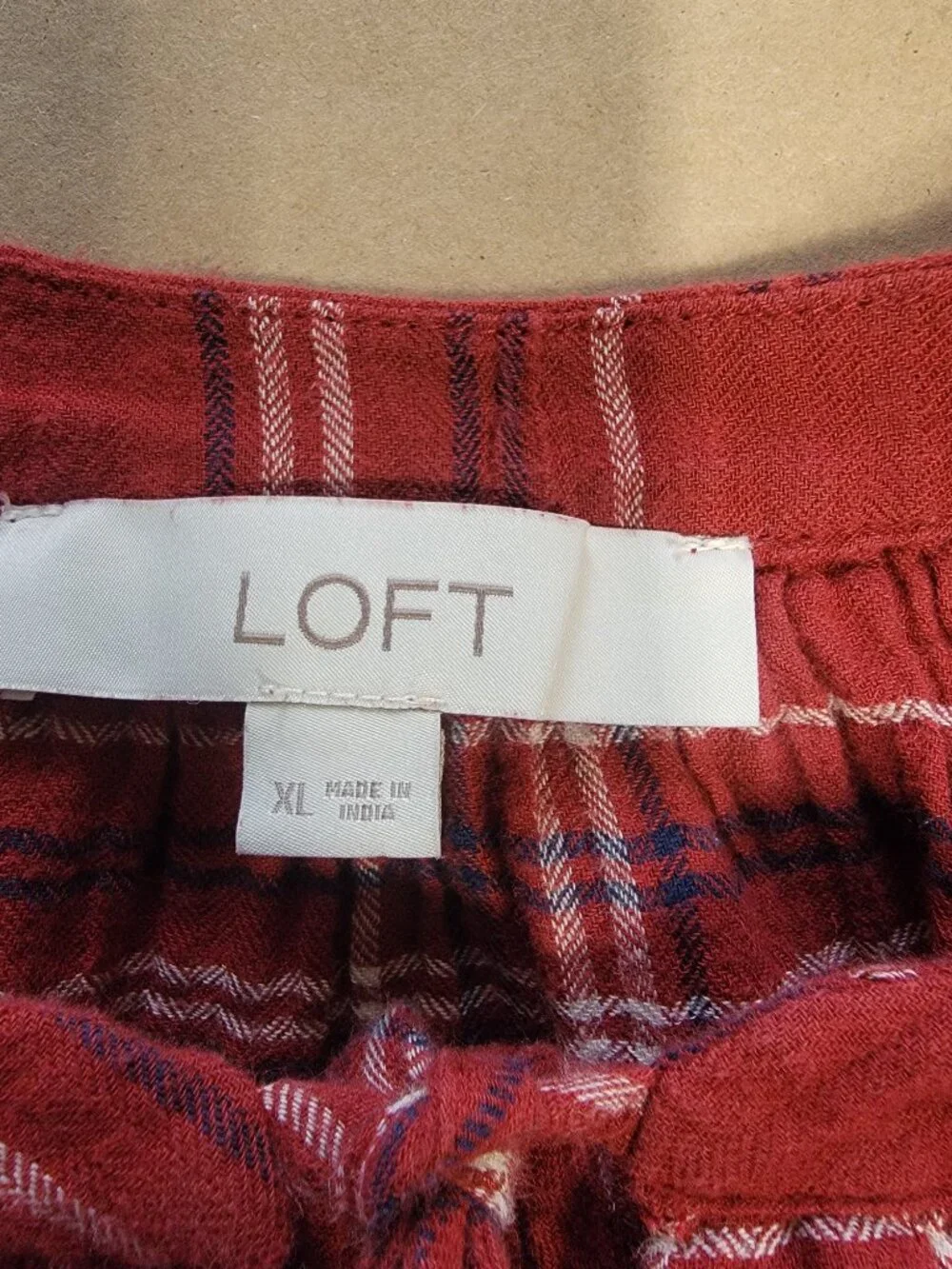 Loft Size XL Burgundy , White and Blue Plaid Split Neck Puffed Sleeve Blouse